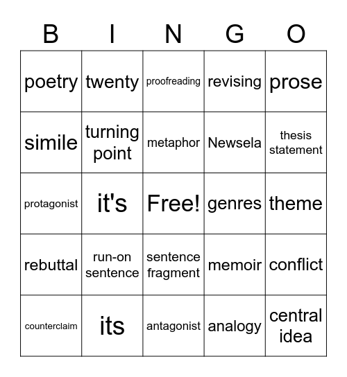 English 8 Bingo Card