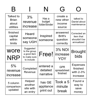 Budget Bootcamp Bingo Card
