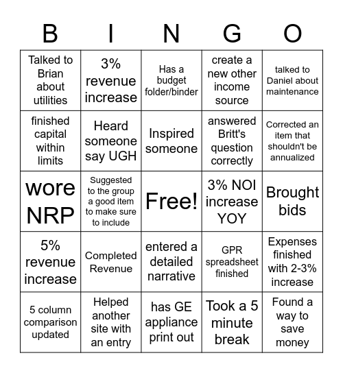 Budget Bootcamp Bingo Card