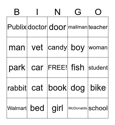 Noun Bingo Card