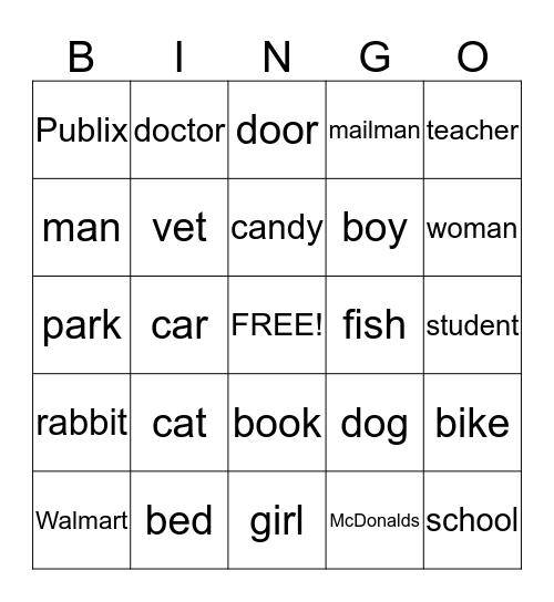 Noun Bingo Card