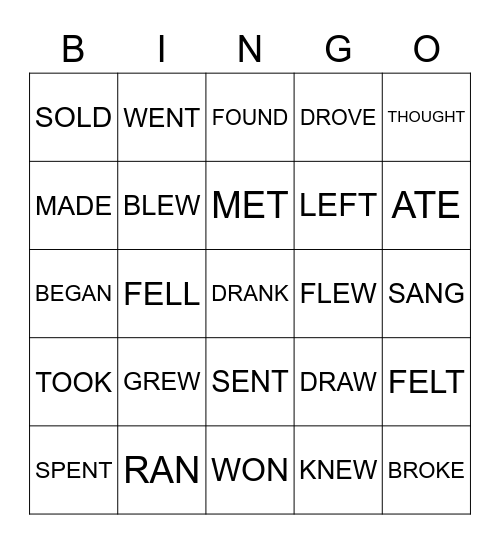 IRREGULAR VERBS BINGO Card