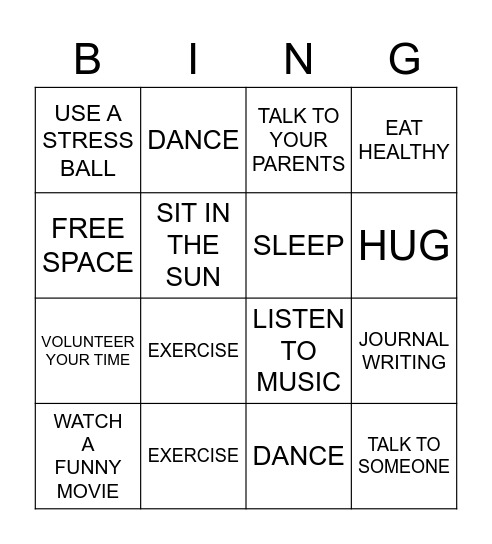 STRESS MANAGEMENT Bingo Card