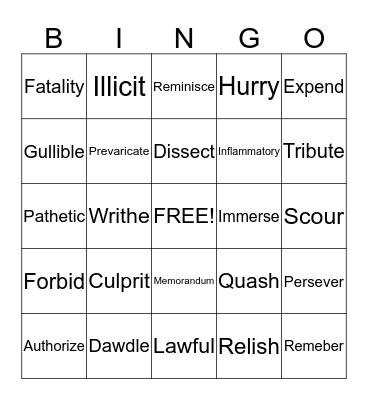 Vocabulary Bingo Card