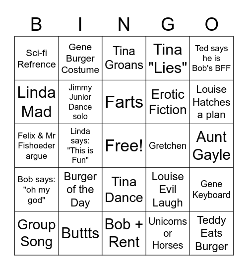 Bobs Burgers The Movie Bingo Card