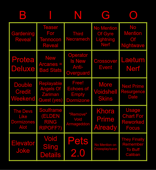 May Warframe Dev-Stream Bingo Card