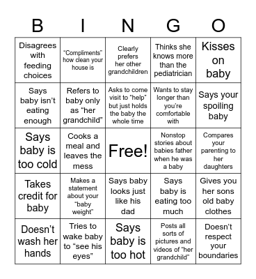 MIL Bingo - New Baby Edition Bingo Card