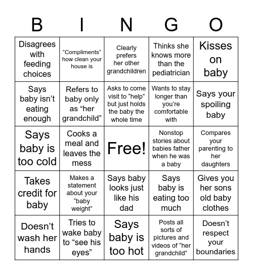 MIL Bingo - New Baby Edition Bingo Card
