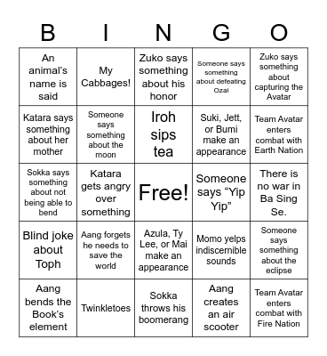A:TLA Rewatch Bingo Card