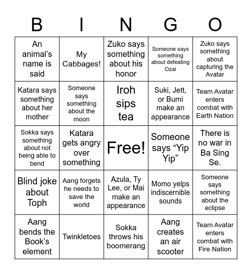 A:TLA Rewatch Bingo Card