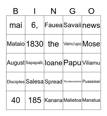 Vasega Feololo Bingo Card