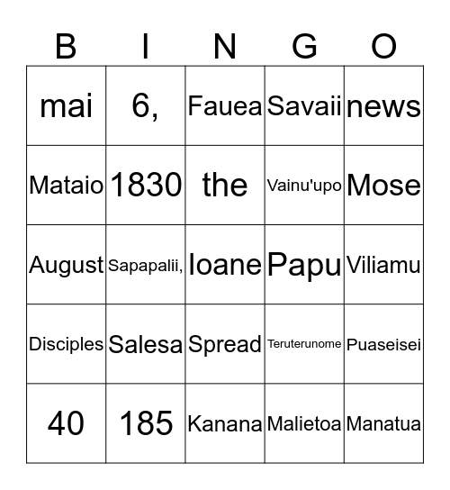 Vasega Feololo Bingo Card