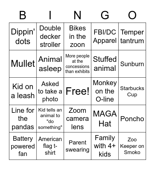 Zoo Bingo Card