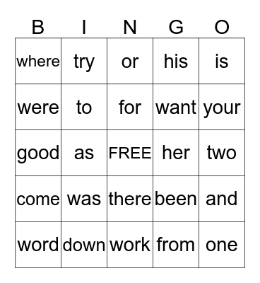 Sight Word Bingo Card