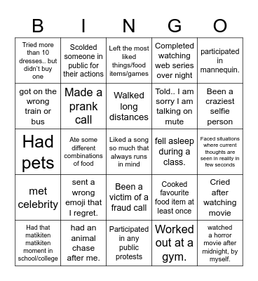 Never Have I Ever...Bingo Card