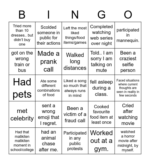 Never Have I Ever...Bingo Card