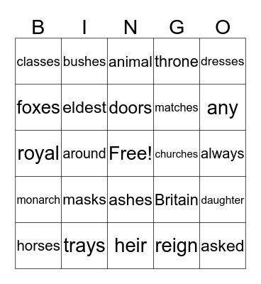 Plurals s and es Bingo Card