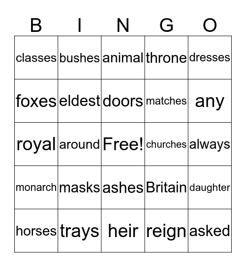Plurals s and es Bingo Card