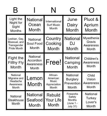 June Minor Holiday Bingo Card