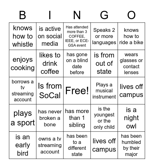 ECE-GSA x COFFEE x IEEE BBQ Bingo Card