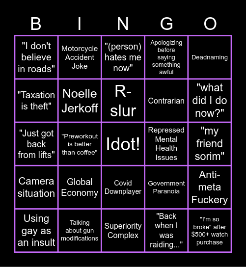 Bad Person Bingo Card