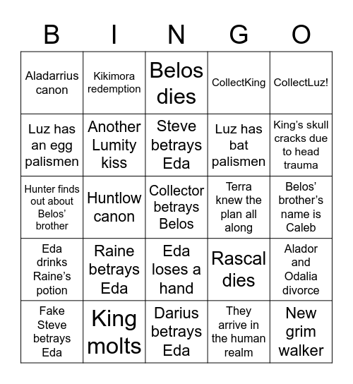 Owl House S2 Finale King’s Tide Bingo Card