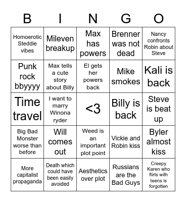 Stranger things Season 4 Bingo Card
