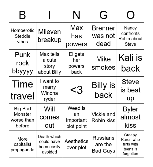 Stranger things Season 4 Bingo Card