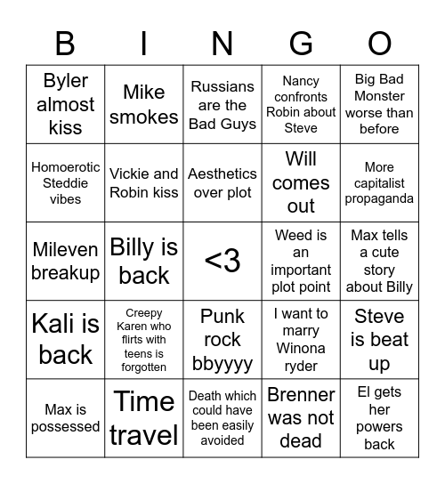 Stranger things Season 4 Bingo Card