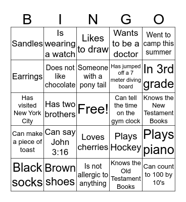 Welcome back to Sunday School! Bingo Card