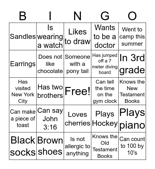 Welcome back to Sunday School! Bingo Card