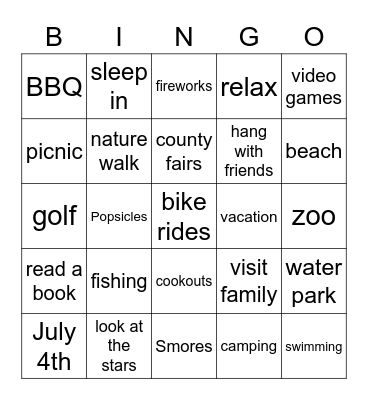 Summer Fun Bingo Card