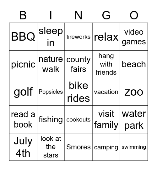 Summer Fun Bingo Card