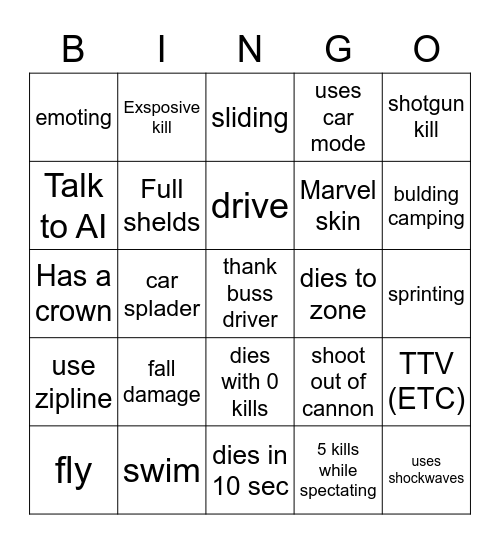 fortnite bingo Card