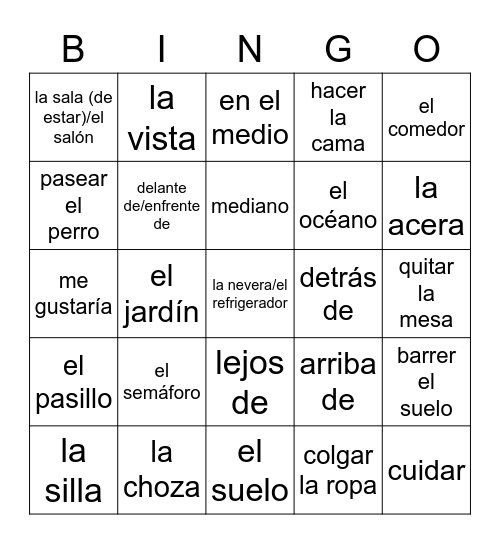 Unit 2 Spanish 2 Bingo Card