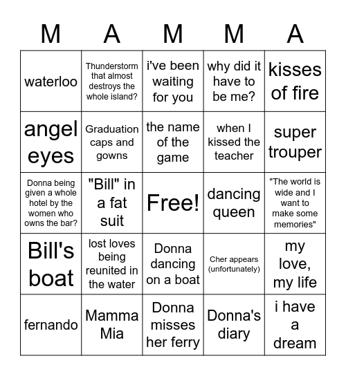 Mamma Mia Here We Go Again Bingo Card