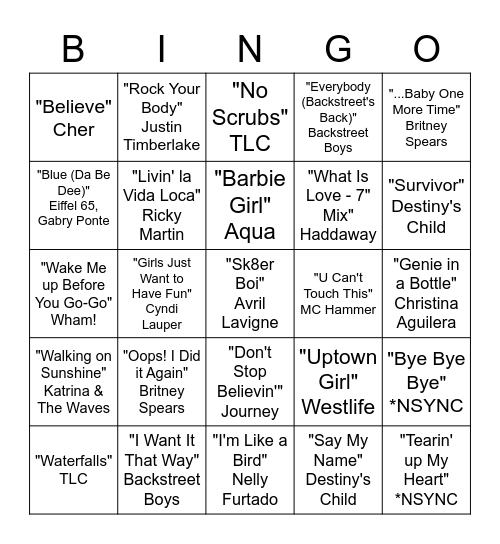 90s/2000s Music Bingo Card