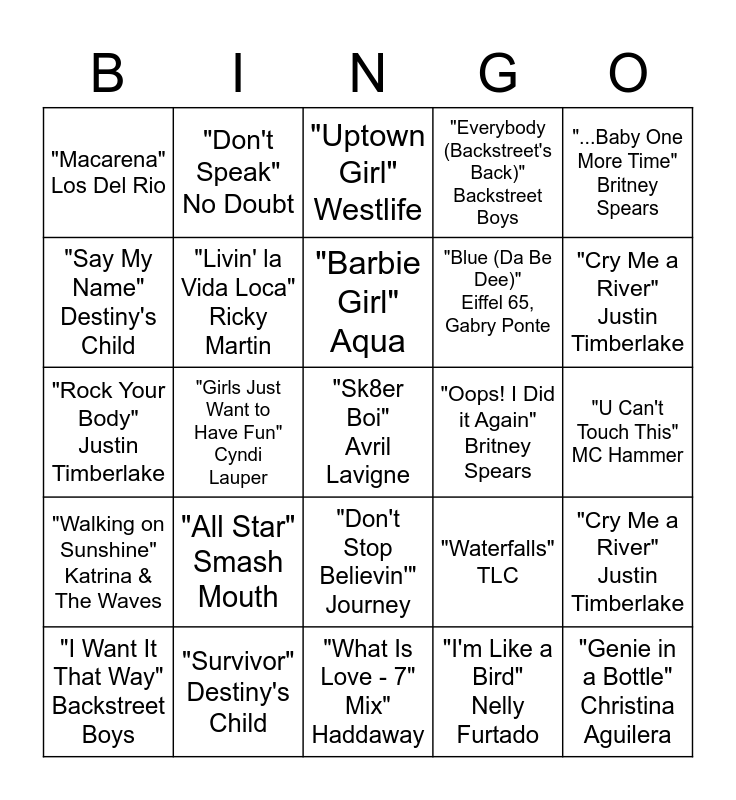 90s/2000s Music Bingo Card