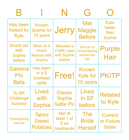 SOPHIE Bingo Card