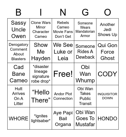 Obi Wan Kenobi Show Bingo Card