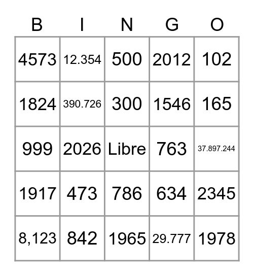 Large Spanish Numbers Bingo Card