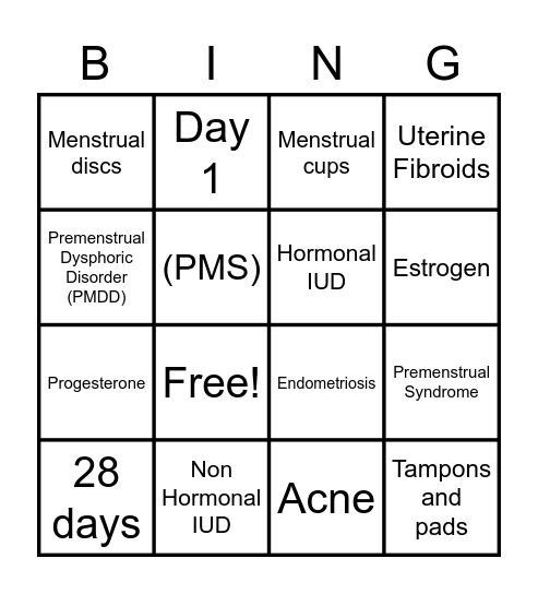 Menstruation Bingo Card