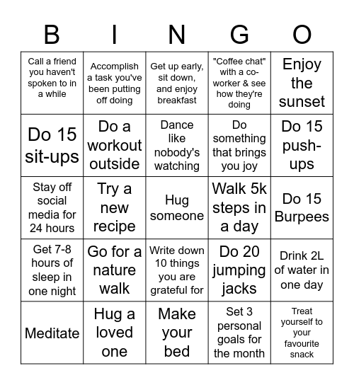 Health And Wellness Bingo Challenge Bingo Card