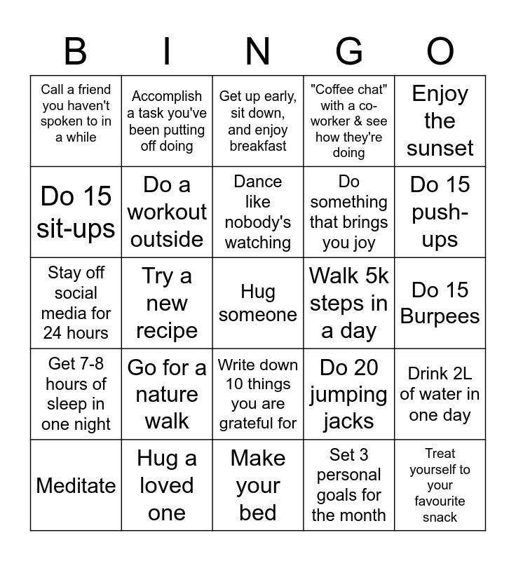 Health and Wellness Bingo Challenge Bingo Card