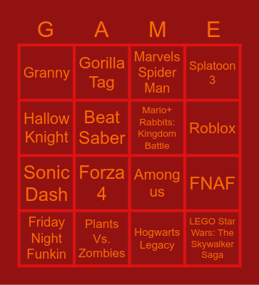 Video Game Bingo Card