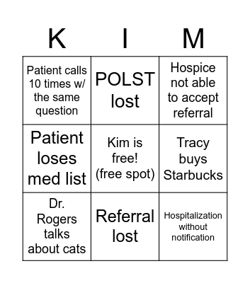 Kim's Bingo! Bingo Card