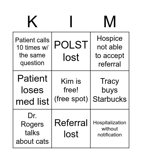 Kim's Bingo! Bingo Card