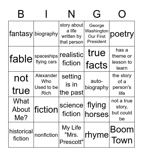 READING GENRES Bingo Card