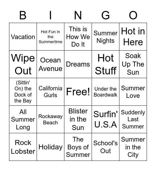 Rock n Roll Summer Bingo Card