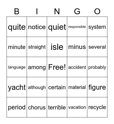 Sight Word Bingo Card